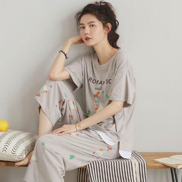 

women's sleepwear high-end cotton pajamas suit ladies short sleeve cropped pant sleepwear print pijamas women night plus size pyja, Black;red