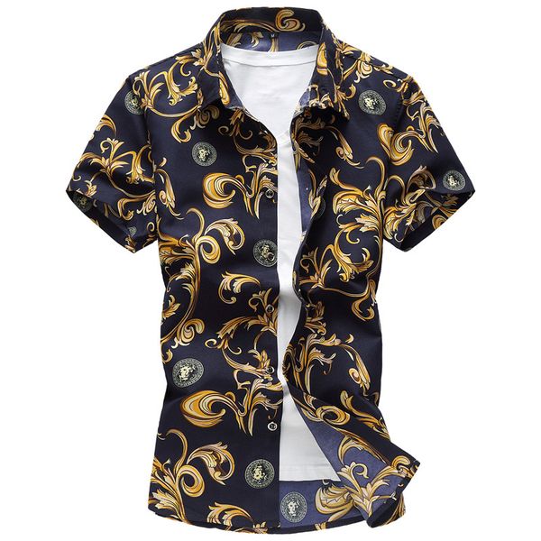 

big size flower print vintage male shirts men's casual button down short sleeve hawaiian shirt men thin cotton, White;black