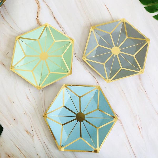 

disposable dinnerware 8pcs / lot style gilded hexagonal pentacle plate paper party cutlery dinner cake dish
