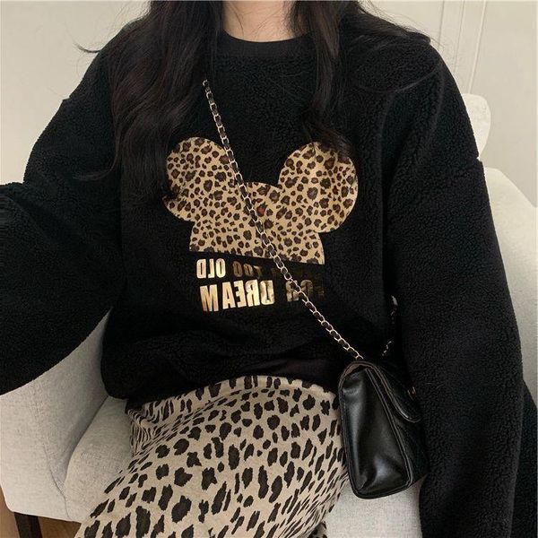 

women's hoodies & sweatshirts cute leopard bear long sleeves thicken lamb wool loose pullover wholesale 2022 winter fashion female clot, Black