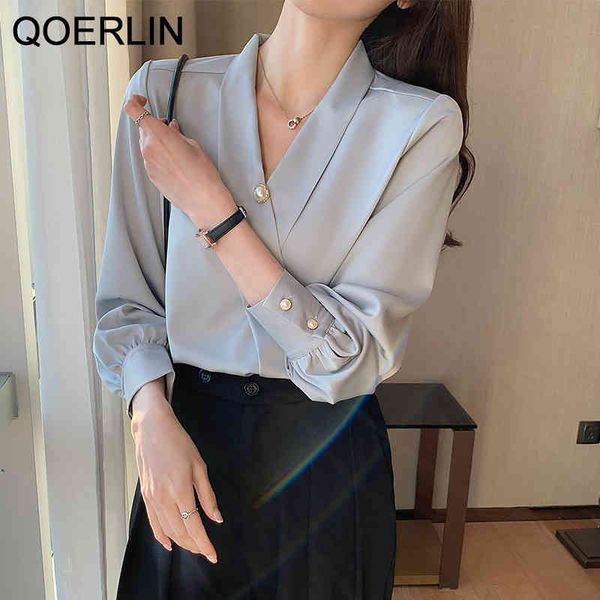 

qoerlin office ladies workwear s-2xl new style stain chiffon shirts women plus size pearl korean v-neck chic solid blouse women 210416, White