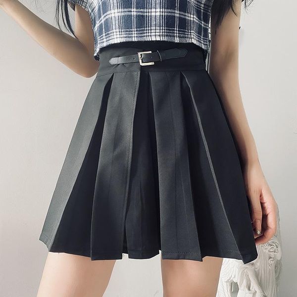 

skirts gothic women pleated harajuku lolita street japanese school jk uniform skirt with belt, Black