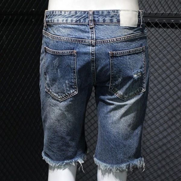 

men's jeans fashion hole denim shorts men high street loose tassel knee-length summer retro washed cowboy beach 28-36, Blue