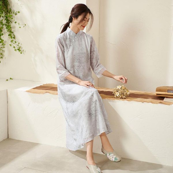 

ethnic clothing elegant chiffon long dress chinese traditional zen cheongsam vintage print beaded qipao casual vestidos spring summer, Red