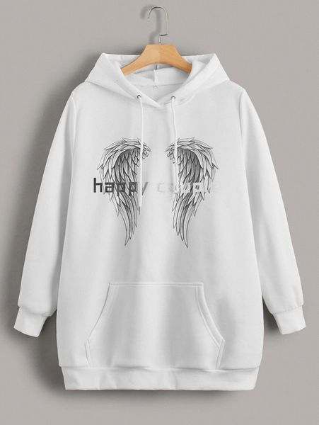 

plus letter & wings print kangaroo pocket drawstring thermal hoodie a3if#, Black