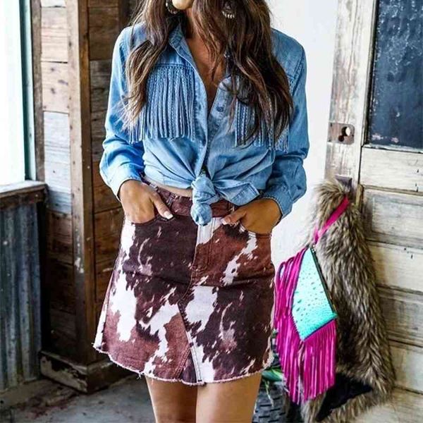 

women tassel long sleeve denim shirts spring summer casual turn down collar single-breasted female slim blue denim blouse 210416, White