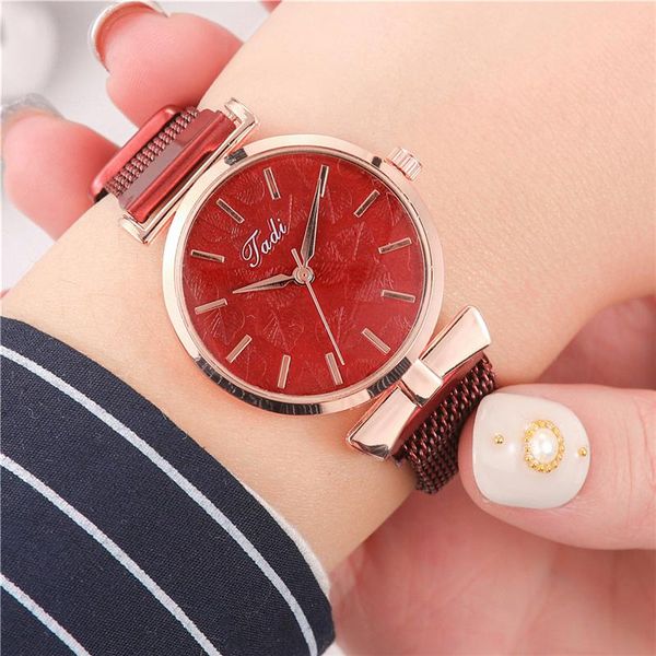 

wristwatches women watch fashion milan magnet buckle leaf relief pattern ladies casual quartz wristwatch female elegant dress watches, Slivery;brown