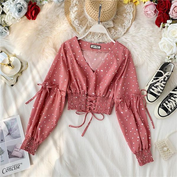 

women's blouses & shirts vintage polka dots blouse and women v neck drawstring chiffon spring slim wasit short shirt blusa mujer tu, White