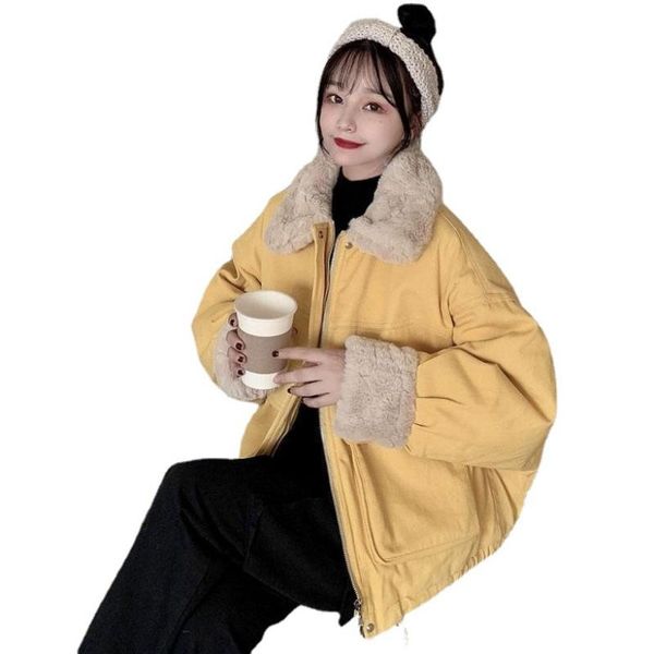 

women's trench coats winter clothes women 2021 fashion large fur collar short padded overcoat kawaii sweet warm loose cute bodywarmer r, Tan;black