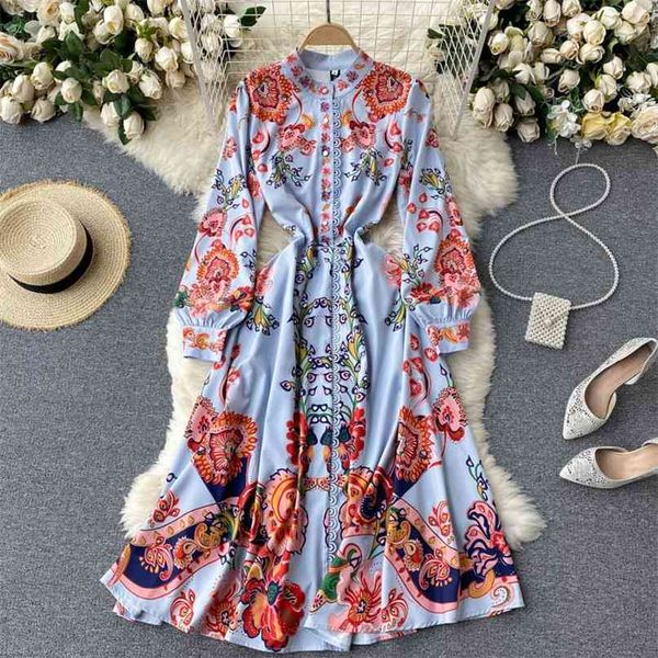 

women court fashion spring round neck buckle retro print a-line dress elegant vintage korean harajuku vestidos s295 210527, Black;gray