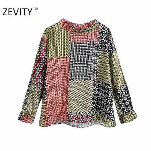 

women vintage color matching cloth patchwork print casual smock blouse shirt retro blusas business ls7193 210420, White