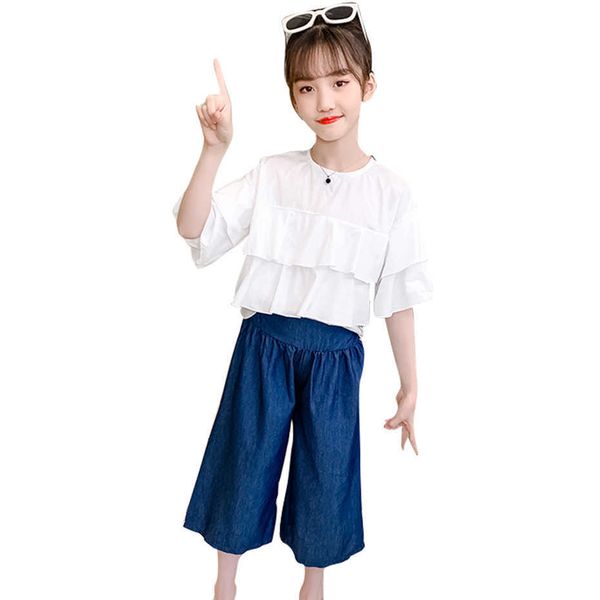 

teen girls clothing solid tshirt + denim pants outfits summer tracksuit casual style costumes for children 6 8 10 12 210528, White