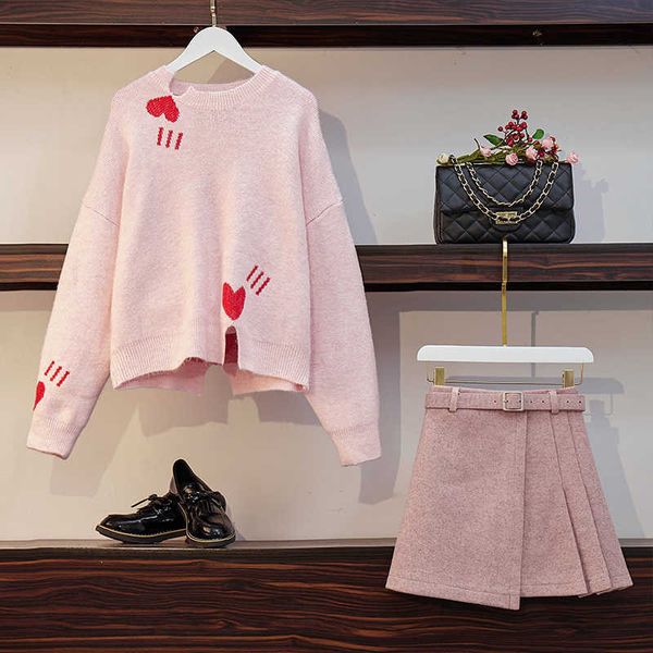 

verhellen 2 piece set women autumn women's long sleeve heart pink knitted sweater cute + woolen skirt two piece suits 210706, White