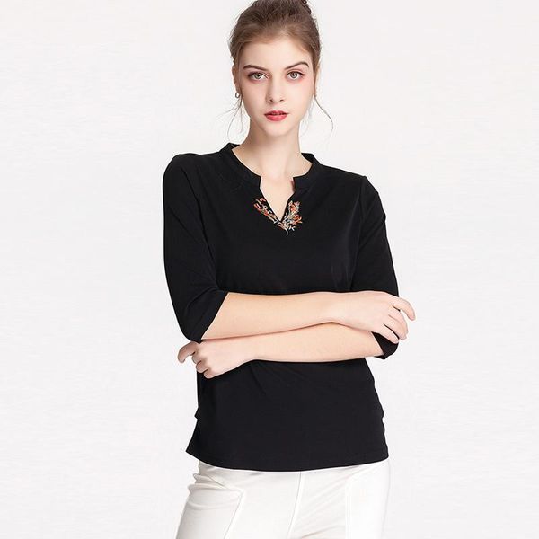 

100% silk women's runway shirts v neck 3/4 sleeves embroidery elegant pullover blouse blouses &, White