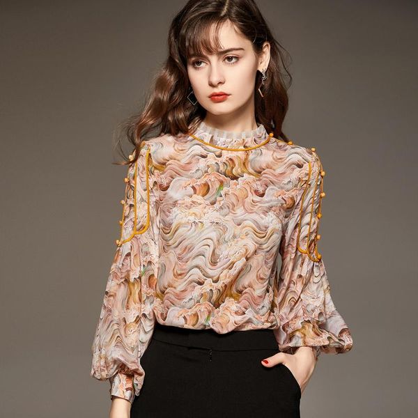 

women's blouses & shirts 100% silk shirt o neck ruffled collar long lantern sleeves printed piping fashion casual blouse, White