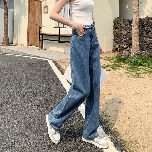 

women's jeans blue retro jeans with a high waist, long leg, straight line, loose, summer , thin, mop g0q8