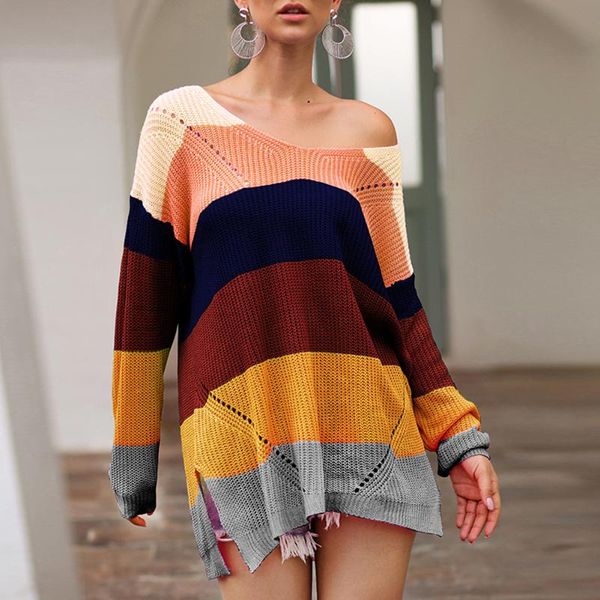 

autumn winter knit sweater rainbow stitching undefined loose sweaters long sleeve half off shoulder pullover pull femme hiver women's, White;black