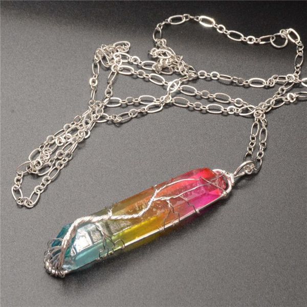 

pendant necklaces fashion retro natural stone irregular crystal quartz beads rainbow necklace women wire wrap exquisite gift jewelry y637, Silver