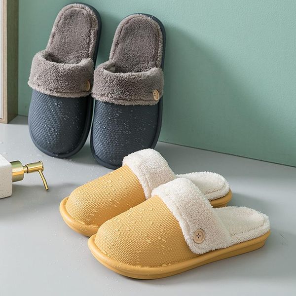 

women fur slippers winter indoor waterproof non-slip bedroom ladies flat shoes warm home couples washable plush cotton, Black