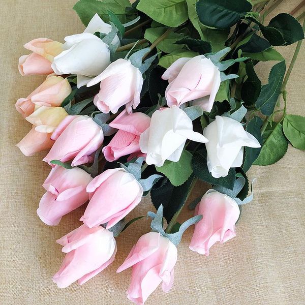 

decorative flowers & wreaths 10pcs /lot single branch rose bud real touch artificial valentine's gift roses wedding bouquet luxury home