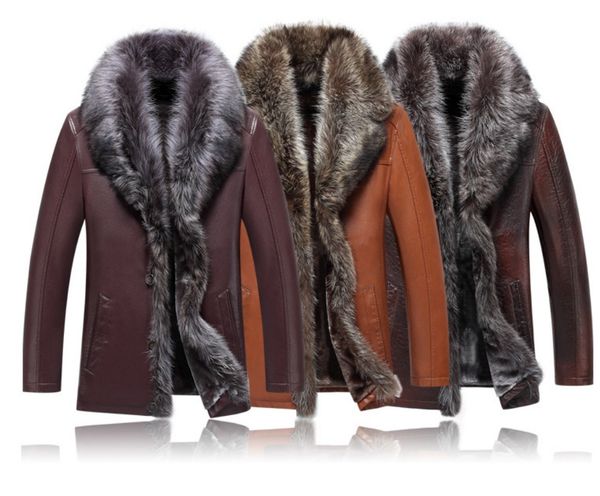 

mens winter warm coats inside leather jackets for men real raccoon fur collar outwear overcoat thickening plus size full zipper long jacket, Black