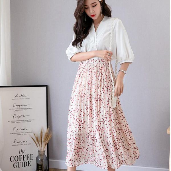 

skirts sweet floral print mid-calf skirt high waist casual pleated women spring summer stylish black red elastic chiffon