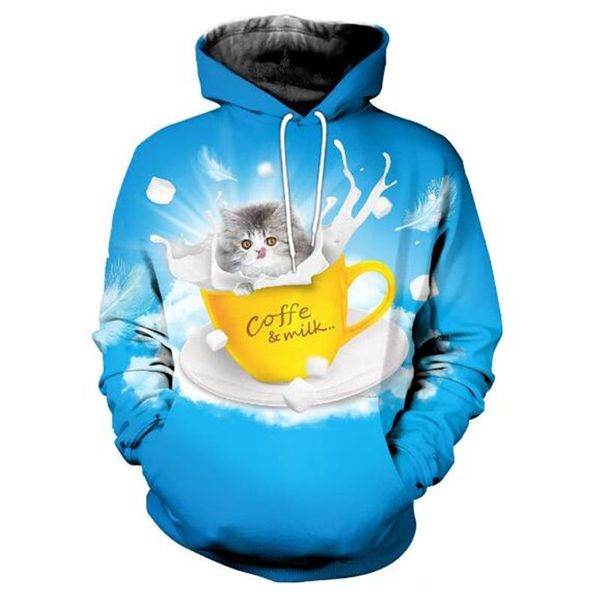 

women's hoodies & sweatshirts fall fashion hoodie cat coffee and milk 3d fully printed men's harajuku casual street sweatshirt pul, Black