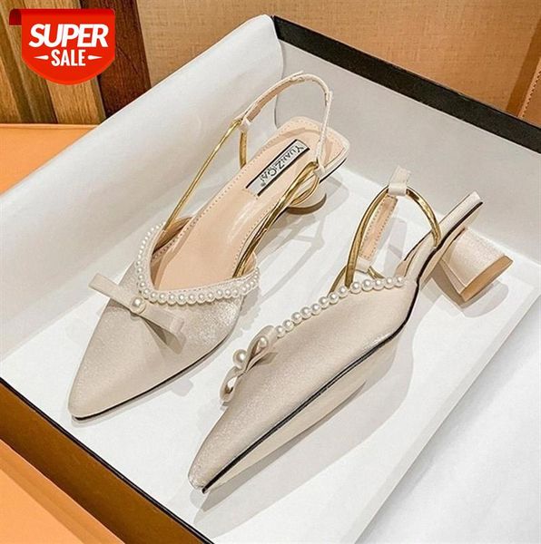 

pointed single shoes women mid-heel evening breeze gentle pearl high-heel thick-heel baotou fairy style sandals #zx3u, Black
