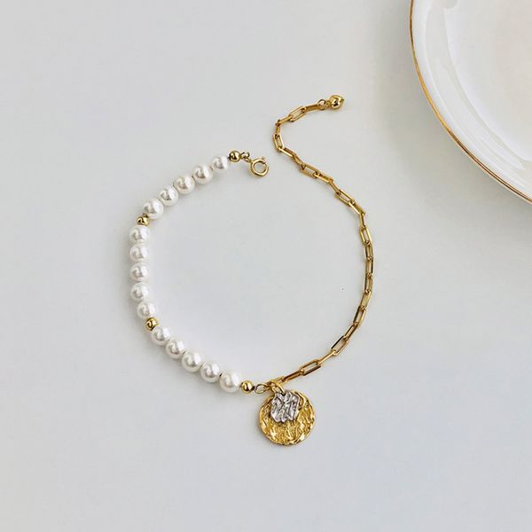 

925 sterling silver creative asymmetrische ronde zilveren munt menselijk hoofd parel ketting armband vrouwen licht luxe sieraden accessoires, Golden;silver