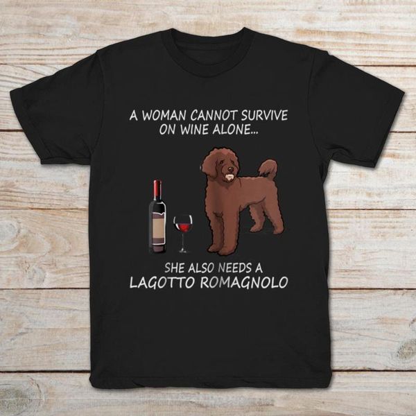

men's t-shirts a woman cannot survive on wine alone she also needs lagotto romagnolo t-shirt, White;black