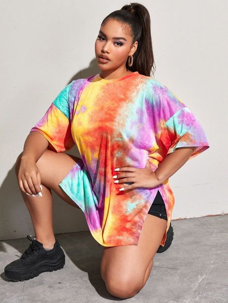 

plus split hem tie dye tee h7vb#, Black