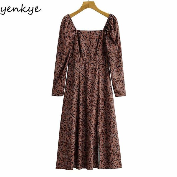 

vintage animal print dress women square neck long sleeve a-line midi elegant lady spring vestido mujer casual dresses, Black;gray