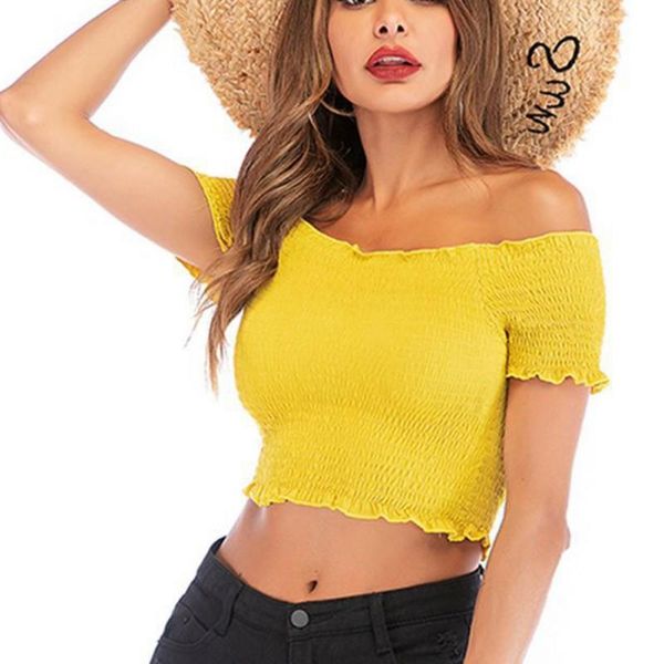 

women's t-shirt summer crop women fashion slim fit solid color t shirt off the shoulder short-sleeved ruffles pleated, White