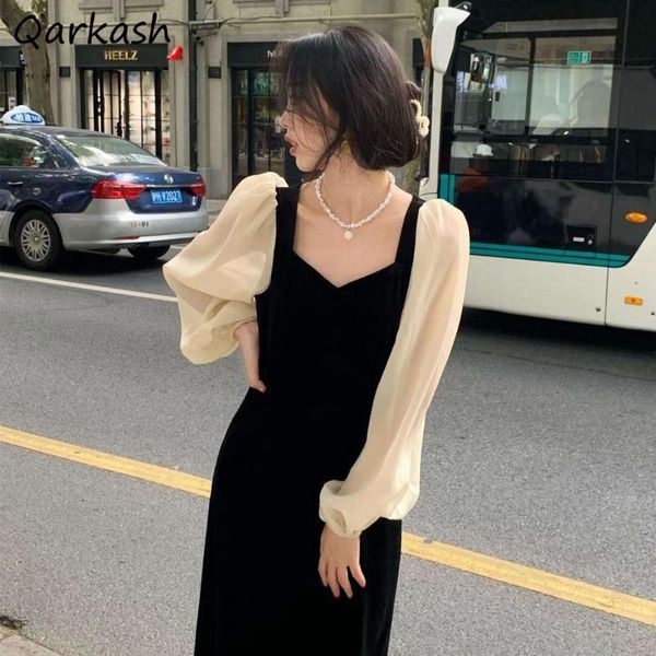 

casual dresses women elegant patchwork spring femme velvet all-match streetwear party chic fashion retro romance basic vestidos, Black;gray