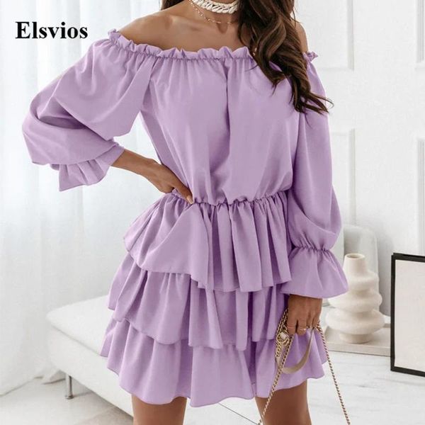 

casual dresses lady elegant off shoulder party dress 2021 solid long sleeve spring autumn women layered ruffle pleated mini, Black;gray