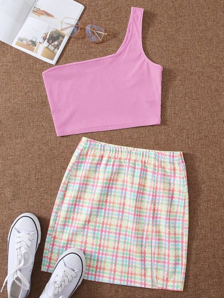 

one shoulder & split hem plaid skirt set c5oy#, White