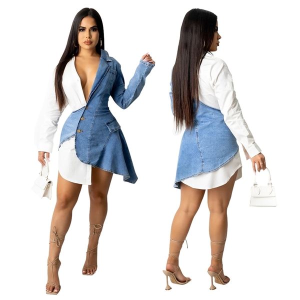 

xqy9289 denim imitation tencel stitching deep v stand neck cardigan buckle waist dress women, Black;gray