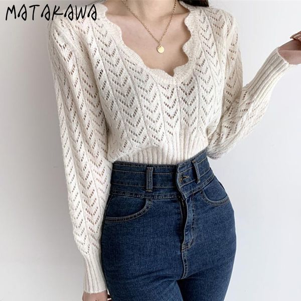 

women's knits & tees matakawa sweaters korean autumn french wavy edge v neck hollow out see throught sweater loose knitted pullover, White