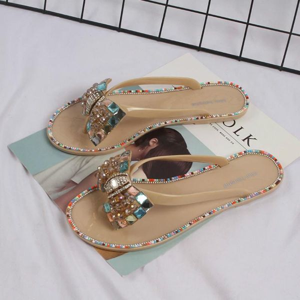

summer slippers wolesale ladies crystal bow flip-flops flat slides women beach shoes woman drop, Black