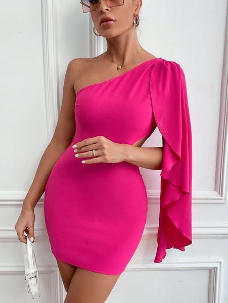 

one shoulder cut out cloak sleeve bodycon dress t44p#, Black;gray