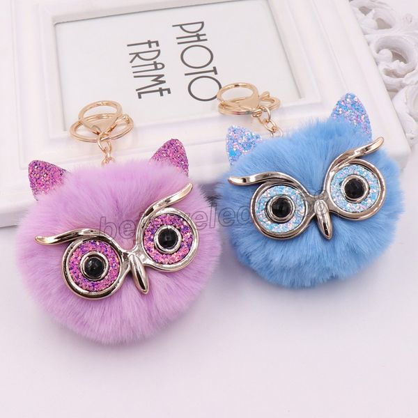 

cute women soft fluffy pompom animals plush keychains fluffy owl small pendant handbag decoration for women key chain holder, Slivery;golden