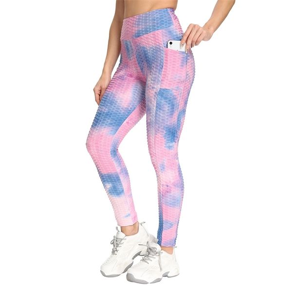 

ink tie-dye jacquard side pocket sport leggings woman high waist academia fitness workout jeggings for women slim pencil legging 210604, Black
