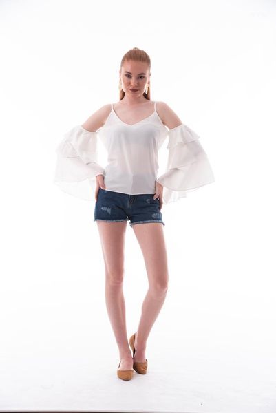 

white strap detail ruffle sleeve blouse women's blouses & shirts