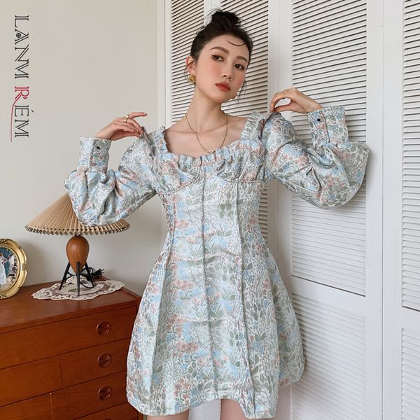 

women dress jacquard square collar printing floral long sleeve temperament loose fit fashion tide summer 2h877 210507, Black;gray