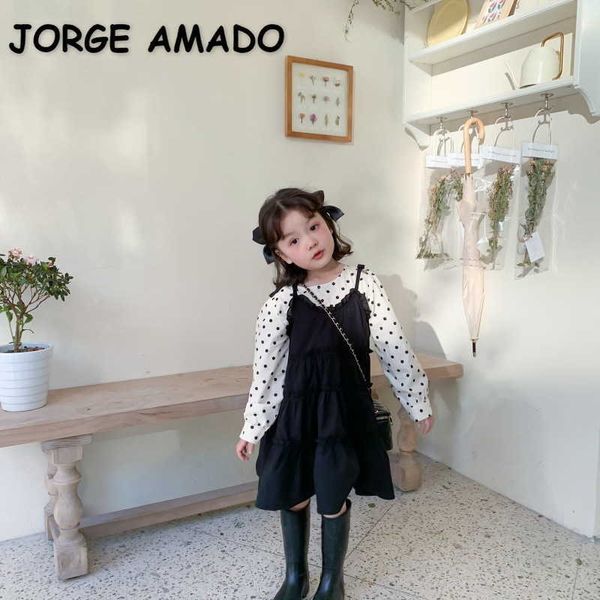 Frühling Koreanischen Stil Baby Mädchen 2-tlg Sets Lange Ärmel Schwarz Dot Shirts + Sling Kleid Kinder Kleidung E654 210610