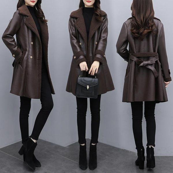 

double breasted womens pu leather jackets and coats thickened chaquetas mujer casual faux jacket women women's &, Black