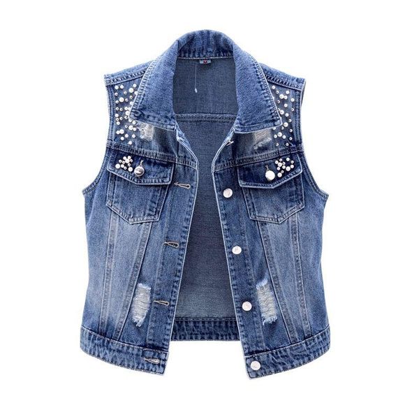 

women's vests jmprs denim women vest luxury pearls fashion ripped autumn plus size jeans jacket sleeveless loose short coat causal wais, Black;white