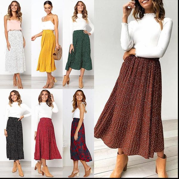 

zity white dots floral womens skirt print pleated midi elastic high waist side pockets skirts summer elegant female bottom, Black