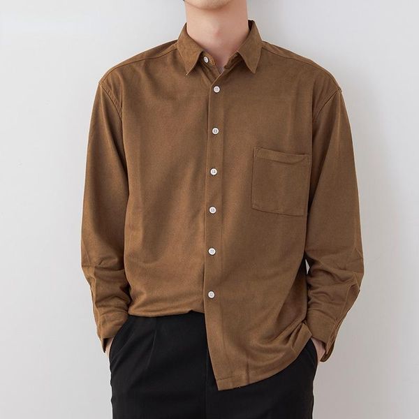 

men's casual shirts 2021 deerskin velvet shirt solid color lapel long-sleeved loose-fitting cardigan youth jacket, White;black