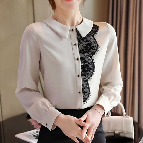 Корейские женщины шифон блузки с длинным рукавом рубашки элегантные женщины кружева лоскутная блузка офис Леди вершины плюс размер XXL 210604